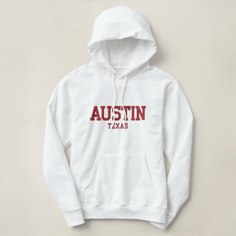 AUSTIN TEXAS in bold red fonts embroidered on a men's white hoodie. Enjoy! Size: Adult L. Gender: male. Selfie Hoodie, White Hoodie Men, Big Hoodies, Marvel Logo, Basic Hoodie, Hoodie Logo, Cute Hoodie, Funny Hoodies, Embroidered Hoodie