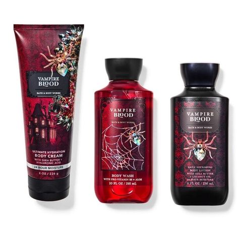 Bath and Body Works Halloween Vampire Blood 3 Pc Set Bath And Body Works Halloween, Vampire Blood, Body Hygiene, Bath And Body Works Perfume, Cream Body, Halloween Vampire, Shea Body Butter, Favorite Scents, Fragrance Mist