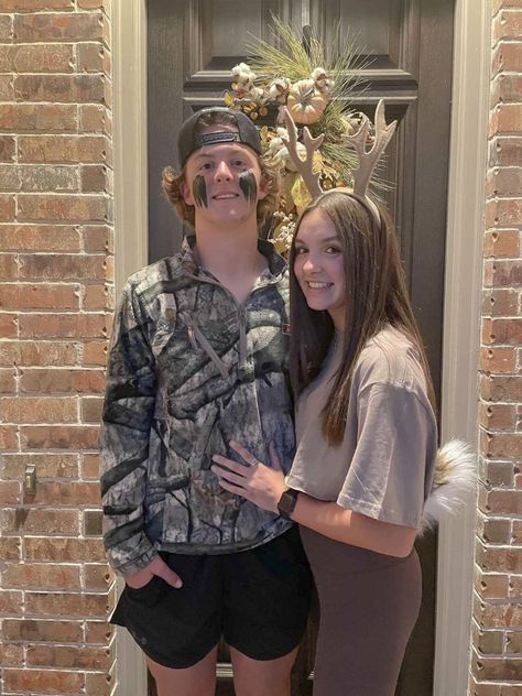 Deer And Deer Hunter Costume, Hunter Deer Couple Costume, Hunting Halloween Costumes, Couple Ideas For Halloween Costumes, Hunting Costume, Deer Couple Costume, Hunter Halloween Costume, Country Couple Costumes, Country Couple Halloween Costumes