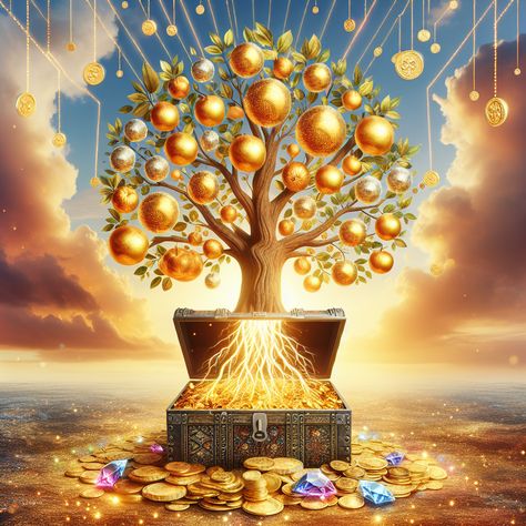 Ignite wealth manifestations with our powerful image of a golden tree, deeply rooted in a treasure chest and bearing ripe golden fruits. Radiate positivity and prosperity with bright sunny backdrop. Ready to manifest wealth? Start here! Visit the link. #Wealth #Abundance #Prosperity #Manifestation #GoldenOpportunities #StabilityAndGrowth Wealth Photos, Money Consciousness, Prosperity Manifestation, Magic Tools, Lucky Wallpaper, Wealth Manifestation, Wealth Abundance, Radiate Positivity, Manifest Wealth