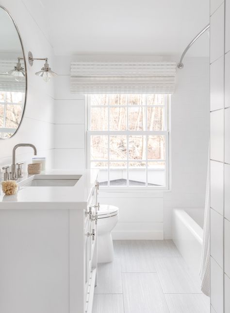 Floor To Ceiling Shiplap, White And Chrome Bathroom, Elegant Master Bath, Ceiling Shiplap, Small White Bathrooms, Kids Bathroom Remodel, Bathroom Construction, All White Bathroom, Shiplap Bathroom