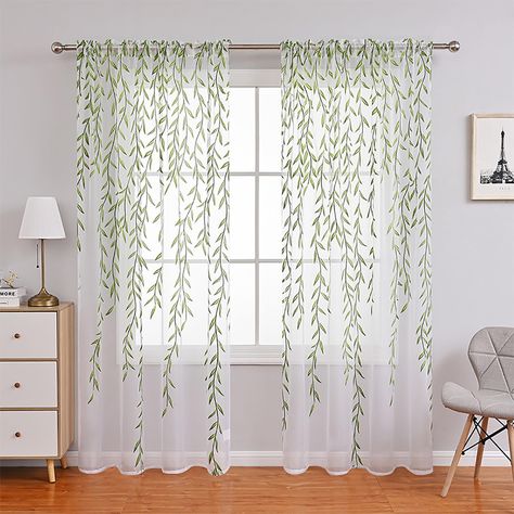 PRICES MAY VARY. 【Aesthetic Curtains Home Decor】Willow leaf sheer curtains, make you a forest themed, jungle themed, woodland themed, rural themed room. Perfect for sunroom, balcony, school dorm, door, living room, dining room, bedroom, etc. 【Willow Leaf Tulle Curtains】The leaf curtains itself is white sheer, printed with green leaves patterns, it is breathable and looks very sheer. You could just hang one piece to have a hazy look, or you could use other curtains to create a fuller look 【Willow Curtains With Ivy, Ikea Green Leaf Curtains, Vines Made Into Curtain Rods, Enchanted Forest Drapes, Fake Ivy Canopy Over Bed, Ivy Corner Bedroom, Green Sheer Curtains, Balkon Decor, Leaf Curtains