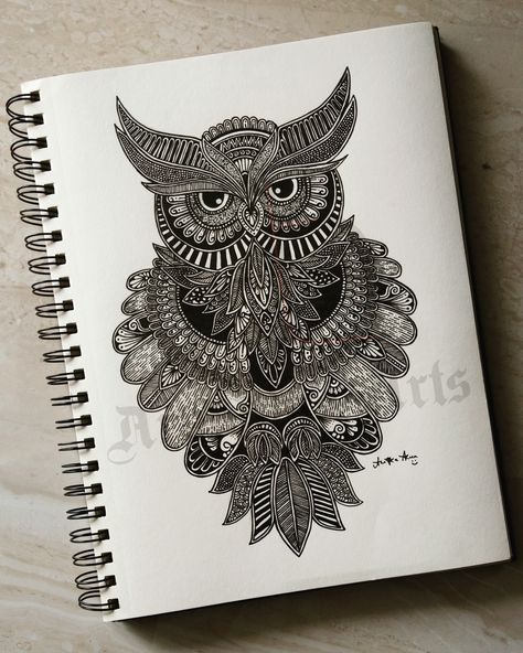 Owl mandala Owl Drawing Mandala, Owl Mandala Drawing, Mandala Art Unique Designs, Owl Mandala Art, Owl Zentangle, Zentangle Animals Art, Drawing Therapy, Mandala Owl, Colour Mandala