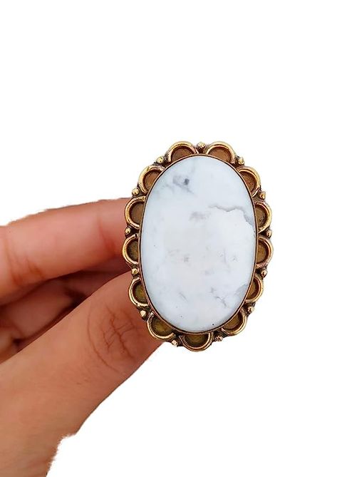 Natural White Howlite Ring, 14k Gold Plated Ring, Boho Ring, Big Stone Ring, White Marble Ring, White Buffalo Turquoise Ring, Healing Ring, Vintage Ring, Large Stone Ring, White Howlite Jewelry White Howlite Jewelry, Howlite Rings, Marble Ring, Howlite Jewelry, Marble Rings, Large Stone Rings, Big Stone Ring, White Buffalo Turquoise, Fancy Rings