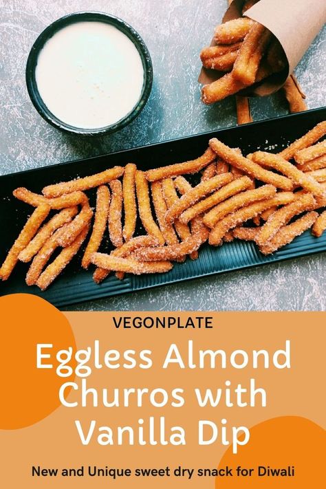 quick eggless churros recipe with almond for Diwali 2021 Eggless Churros, Vanilla Dip, Churros Recipe, Homemade Recipes Dessert, Sweet Recipe, Impressive Recipes, Dry Snacks, Almond Flavor, Homemade Desserts