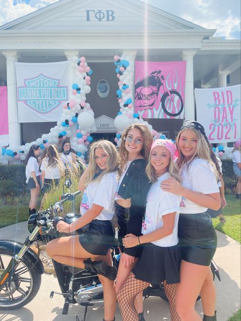 Biker theme Biker Bid Day Theme, Bikers And Babes Party Theme, Ride Of Your Life Bid Day, Biker Bid Day, Biker Theme Party Outfit, Biker Theme Party, Bid Day Themes Unique, Adpi Recruitment, Football Season Outfits