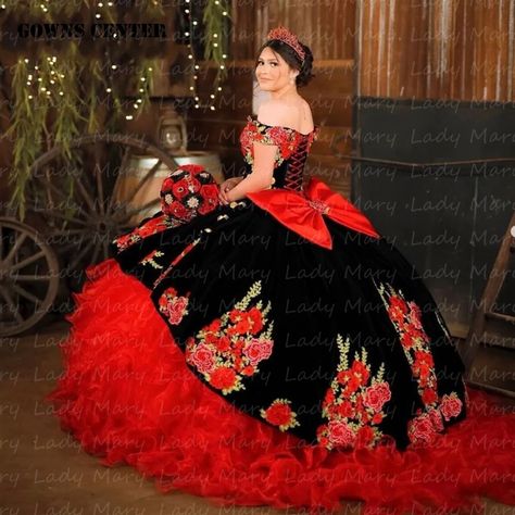 Traditional Mexican Red Quinceanera Dresses Floral Off The Shoulder Princess Ball Gown Big Bow Girl Birthday Party Vestidos 15 A Red Charro Quinceanera Dress, Quinceanera Dresses Charro, Quince Dresses Charro, Sweet 16 Party Dress, Red Quinceanera Dress, Quinceanera Dresses Mexican, Mexican Quinceanera, Quince Dresses Mexican, Charro Quinceanera Dresses