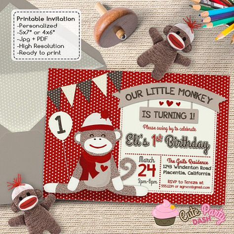 Cute Sock Monkey Birthday Party invitations Red by CutePartyDash Sock Monkeys Diy, Sock Monkey Birthday Party, Monkey Invitations, Monkey Birthday Party, Sock Monkey Party, Sock Monkey Birthday, Sock Monkey Baby, Monkey Birthday Parties, Monkey Party