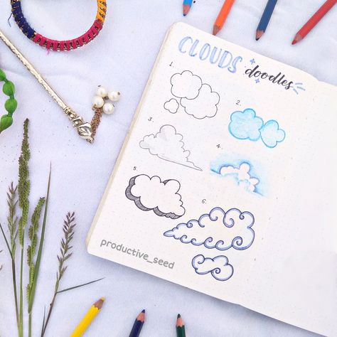 Cloud Bujo, Doodle Clouds, Drawing Rain, Journal Designs, Cute Tea Cups, Cloud Theme, Tombow Fudenosuke, Bujo Doodles, Doodle Ideas