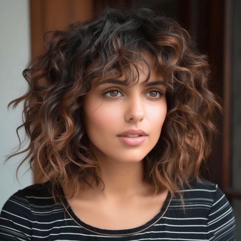 Curly Bob Curtain Bangs, Mid Length Curly Hair With Bangs, Shoulder Length Curly Hair With Layers Natural Wavy Bobs, Short Curly Hair Highlights, Shaggy Curly Hair Medium, Curly Mid Length Hair, Shoulder Length Curly Hair With Layers, Layered Curly Bob, Curly Haircuts With Bangs