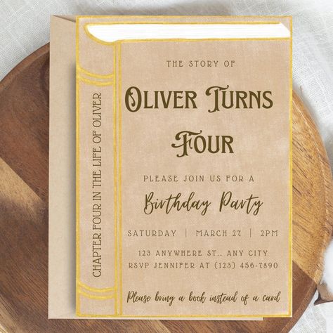 Book Themed Birthday Invitations, Book Spine Design, Bookish Birthday, Library Party, Book Birthday Party, Book Themed Birthday Party, Book Birthday Parties, Storybook Theme, Book Themed Party