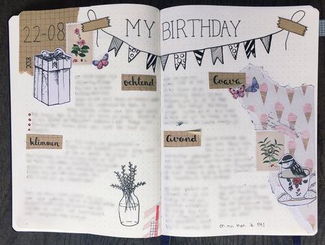 Happy Birthday Journal Aesthetic, Birthday Journal Page Ideas, Bday Journal Ideas, Journal Theme Ideas Aesthetic, Birthday Month Journal Ideas, Birthday Page Bullet Journal, Bujo Birthday Spread, Birthday Journal Page, Birthday Journal Ideas