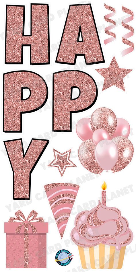 Happy Birthday Yard Signs are one of the most requested displays by customers. Do you set up a lot of Happy Birthday Yard Sign Displays? Do you ever feel like wanting to mix and match individual letters in different colors or patterns? Do you want matching Birthday flair for your displays? Then our Large 23.5" Glitter Rose Gold Happy Birthday Individual Letters in Luckiest Guy Font and Birthday Flair Set is just for you! You will receive 13 individual letters spelling out HAPPY BIRTHDAY as well Happy Birthday Yard Signs, Gold Happy Birthday, Glitter Rose Gold, Birthday Topper, Planet Signs, Birthday Yard Signs, Happy Birthday Lettering, Yard Cards, Birthday Clipart