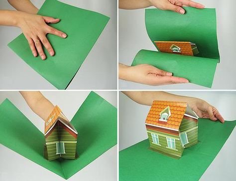 Pop up house card - I like the green card. Pop Up House, Popup House, Diy Pop Up Book, Arte Pop Up, Libros Pop-up, House Template, Pop Up Art, Paper Pop, Paper Wall Hanging