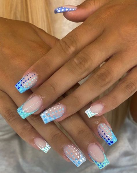 French Tip Summer Nails, Sqaure Nails, Blue French Tip, Concert Nails, Hippie Nails, Summery Nails, Classy Acrylic Nails, Short Square Acrylic Nails, Blue French