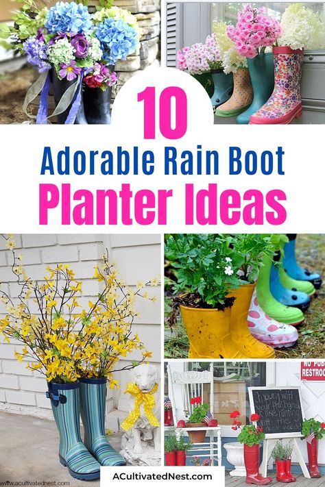 Rain Boot Planter Ideas, Functional Rain Boots For Outdoor Activities, Rubber Boot Planter Ideas, Rain Boots Decoration Ideas, Rain Boots Craft, Meadow Pots, Boot Planters Diy, Boot Planter Ideas, Rubber Boots Diy