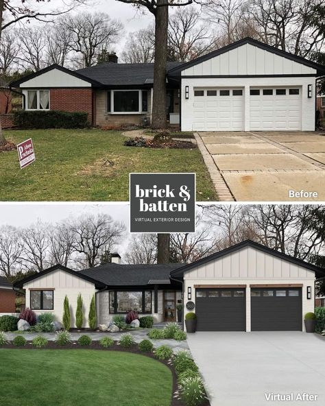 White Ranch Style House, Brick And Batten, White Ranch House Exterior, Ranch Style House Exterior, Brick Ranch Houses, Ranch House Remodel, Exterior House Renovation, Utah Home, Ranch House Exterior