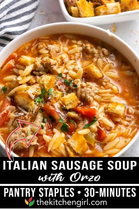 Italian Sausage Soup is a 30-minute soup recipe with Italian sausage and pantry staples. Made for Instant Pot or stove, sausage soup is a breeze for beginners and satisfies the whole family! Serve it with French bread and they'll go wild! Italian sausage soup is the ultimate comfort food! Broth-based, one-pot, savory soup that requires a few basic cooking steps go from "What's for dinner?" to "Omg that was crazy delicious!" | The Kitchen Girl @thekitchengirl #italiansausagesoup #thekitchengirl Minestrone Soup Recipe Italian Sausage, Sausage Rice Soup Recipes, Crock Pot Italian Sausage Soup, Fall Crock Pot Soup Recipes, Ground Italian Sausage Soup, Recipes With Hot Italian Sausage, Minestrone Soup Recipe With Sausage, Fall Soups And Stews Crock Pot, Italian Sausage Recipes Crockpot