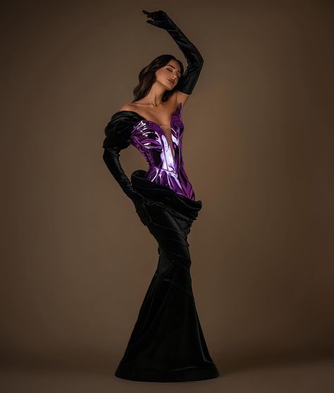 ✨ Dm us to order @reineecouture . "Stepping into the night with sophistication and style in this breathtaking black evening maxi dress. Crafted from luxurious satin fabric, its flowing silhouette exudes grace, while the long sleeves and matching gloves add an air of timeless glamour. Elevating the allure, the top portion features a stunning interplay of textures with purple latex fabric, creating a mesmerizing contrast that catches every eye in the room. The subtle sheen of the purple adds ... Black Evening Maxi Dress, Latex Fabric, Black Maxi Evening Dress, Latex Top, Evening Maxi Dress, Timeless Glamour, Double Wedding, Into The Night, Maxi Dress Evening