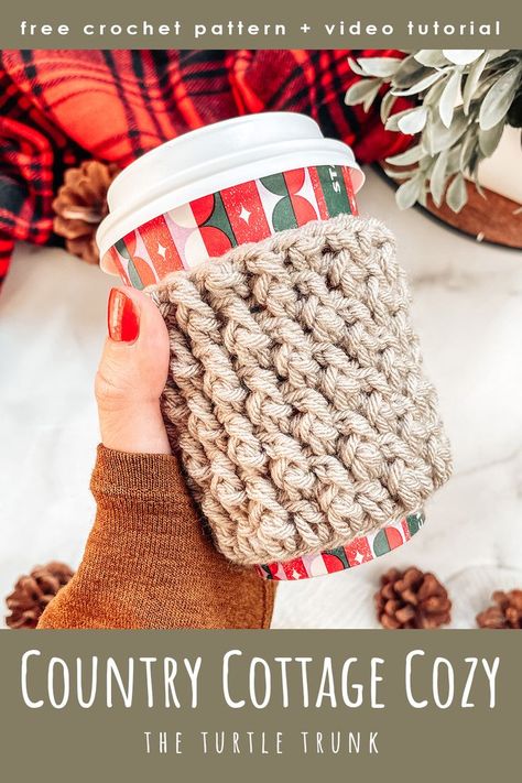 The Country Cottage Cozy is a crochet cup cozy pattern that works up so quick and uses only 2 stitches! These easy, crochet coffee sleeve's make great gifts for teachers or to sell at markets! Follow along with the free crochet pattern at theturtletrunk.com or the video tutorial at The Turtle Trunk on YouTube! Coffee Sleeve Pattern, Crochet Banana, Crochet Coffee Cup Cozy, Easy Crochet Socks, Crochet Coffee Cup, Coffee Cozy Pattern, Cup Cozy Crochet Pattern, Cottage Cozy, Cup Cozy Pattern