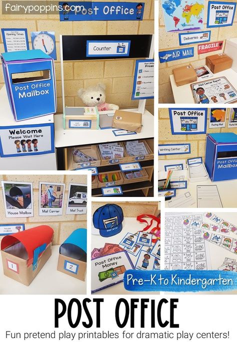 This post office dramatic play center comes in a blue post office AND red post office version. It's great for a community helper theme. #postofficedramaticplay #postofficepretendplay #bluepostoffice #redpostoffice #postofficeplay #writingcenter #writingcentre #communityhelper #communityhelpers #communityhelperactivities #pretendplay #dramaticplaycenter #pretendplaycenter #preschool #prek #kindergarten Pretend Play Post Office, Post Office Play, Office Printables, Post Office Dramatic Play, Office Dramatic Play, Community Helpers Preschool Activities, Play Printables, Dramatic Play Printables, Dramatic Play Center