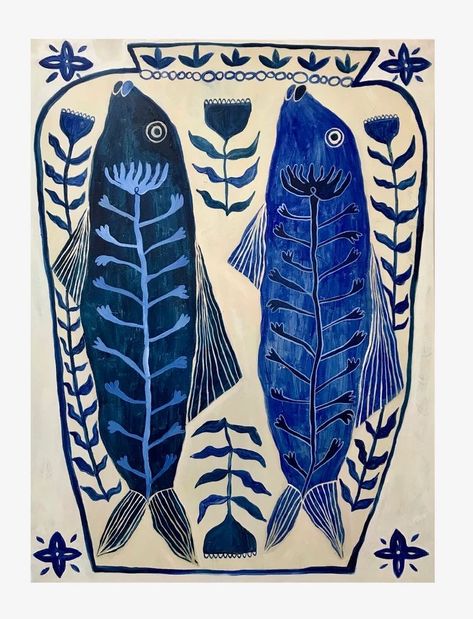 Ancient Fish, Scale Painting, Folk Art Fish, Contemporary Folk Art, Fish Illustration, Artist Illustration, Blue Painting, Fish Painting, Fish Art