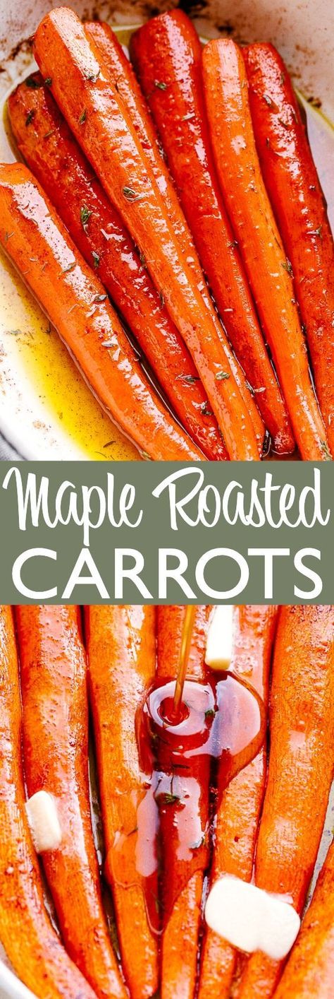 MAPLE ROASTED CARROTS! Caramelized in a sweet and buttery maple syrup glaze, these delicious carrots are the perfect side dish for your Holiday dinners! Carrot Maple Glazed, Slow Roasted Carrots, Maple Roasted Carrots Oven, Supper Sides, Foil Meals, Maple Roasted Carrots, Maple Syrup Glaze, Simple Sides, Carrots Side Dish