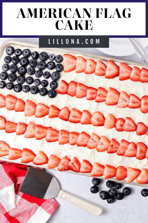 Festive and fruity American Flag Cake is a delicious way to celebrate. It's patriotic, light, and refreshing! #cake #4thofjuly #dessert #memorialday #flagcake Strawberry Flag Cake, Easy American Flag Cake, Easy Flag Cake, July 4th Appetizers, 4th Of July Flag Cake Cool Whip, American Flag Cake Fruit, American Flag Cake, Flag Cake, Homemade Cleaning Supplies