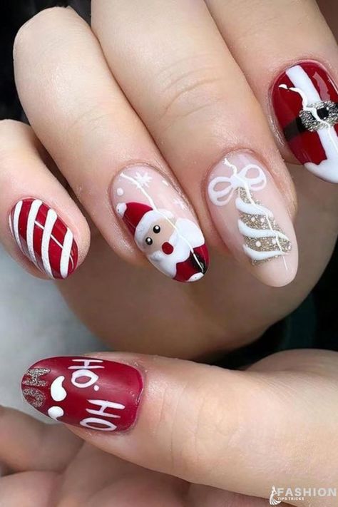 Animation Nails, Santa Nail Art, Nail Noel, Nail Art Noel, Santa Nails, Xmas Nail Art, Foil Nail Art, Festive Nail Art, Cute Christmas Nails