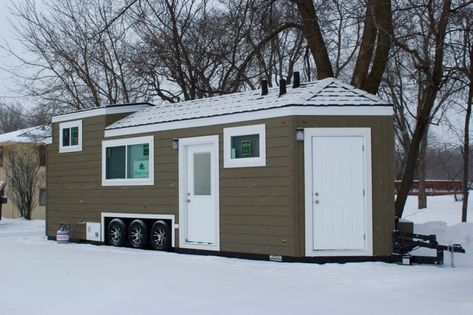 The NextDoor DropHome on a snowy day. Alternative Housing, Little Cabin In The Woods, Retirement Living, Care Coordination, People With Disabilities, Little Cabin, Tiny House Movement, Small Homes, Wheelchair Accessible