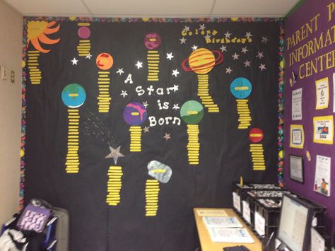 Birthday Board w/ Space Theme in my sons' school's Child Care Center Space Theme Classroom Birthday Chart, Birthday Chart Space Theme, Space Theme Birthday Board, Space Birthday Board Classroom, Birthday Reminder Board, Space Theme Classroom, Classroom Decor Middle, Space Classroom, Teacher Classroom Decorations