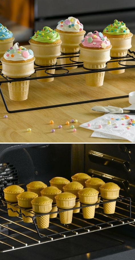 Cupcake Cones // Serve no-mess, no-waste cupcake cones easily made with this special non-stick baking rack. Kid Cooking, Baking Rack, Cupcake Cones, Decorate Cookies, Party Things, Baking Science, Kitchen Time, Recipe Board, Kids Kitchen