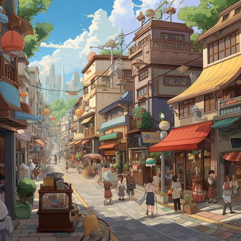 Japanese Town Concept Art, Studio Ghibli Cityscape, Studio Ghibli Buildings, Studio Ghibli City, Studio Ghibli Town, Ghibli Town, Ghibli City, Anime Town, Pencil Project