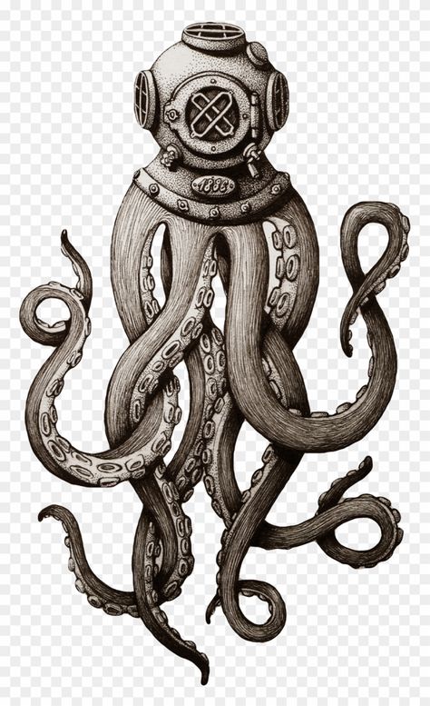 Diver Tattoo, Marine Tattoo, Tato Tradisional, Steampunk Tattoo, Octopus Drawing, Octopus Tattoo Design, Vintage Octopus, Chinese Dragon Tattoos, Octopus Tattoos