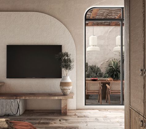 Wabi Sabi Bedroom on Behance Wabi Sabi Outdoor Patio, Tv Unit Wabi Sabi Style, Tv Wall Design Wabi Sabi, Wabi Sabi Tv Stand, Wabi Sabi Living Room Tv, Wabi Sabi Tv Room, Wabi Sabi Tv Unit, Wabi Sabi Tv Wall, Wabi Sabi Exterior