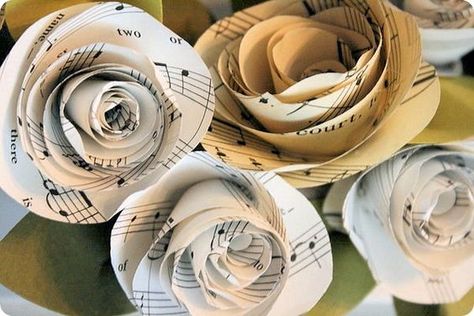 Music Paper Flowers, Sheet Music Flowers, Jones Design Company, Sheet Music Crafts, Paper Decorations Diy, Rolled Paper Flowers, Music Flower, Music Crafts, Music Paper