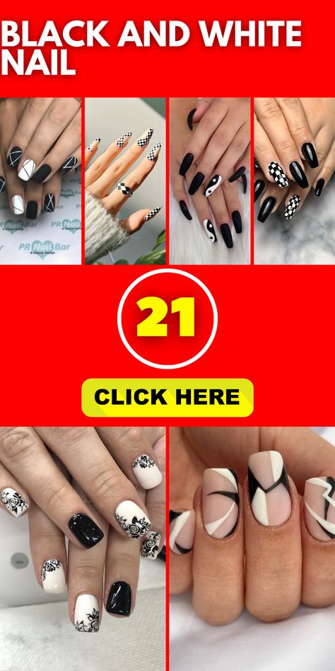 Unveil the Beauty of Black and White Nail Designs: Discover Artistic Patterns and Simple Accents that Add Elegance to Your Look. Whether You Prefer Short or Acrylic Long Nails, Almond or Square Shapes, Embrace the Classic Combination of Black and White for Standout Nails. Short Nail Black And White Designs, White Nail With Black Design, White Nails With Black Designs, White And Black Nail Designs, Black And White French Nails, Black And White Almond Nails, Black And White Nails Ideas, Black And White Nails Designs, Black And White Nail Ideas