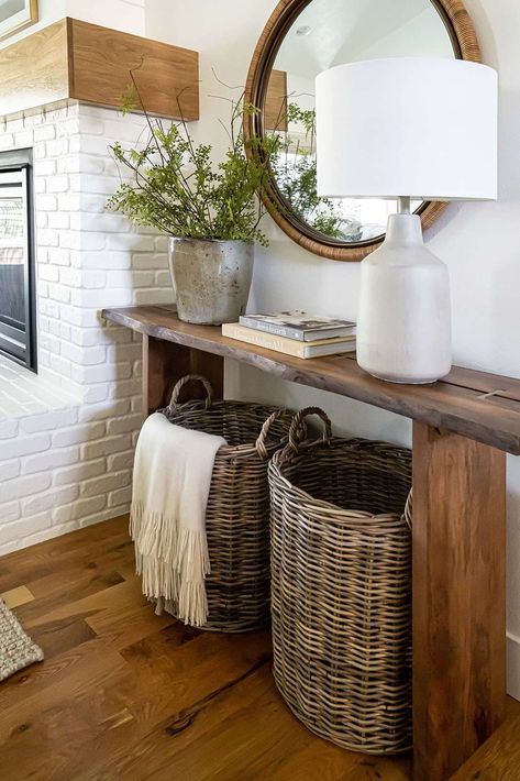 No Fail Items For Styling A Console Table - The Sommer Home Entry Table With Baskets Underneath, Under Console Table Decor, Table With Baskets Underneath, World Market Console Table, Wire Basket Decor Ideas, Styling A Console Table, Wire Basket Decor, Target Table, Basket Decor Ideas