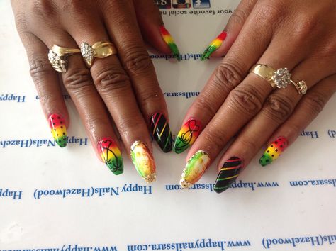 #rasta #nails #design #yellow #red #green #marley #nails #design #stripes Red Yellow And Green Nails, Red Yellow Green Nails, Jamaican Nails Ideas, Reggae Nails, Jamaican Nails, Bob Marley Nails, Green And Yellow Nails, Jamaican Nail Designs, Nails Design Yellow