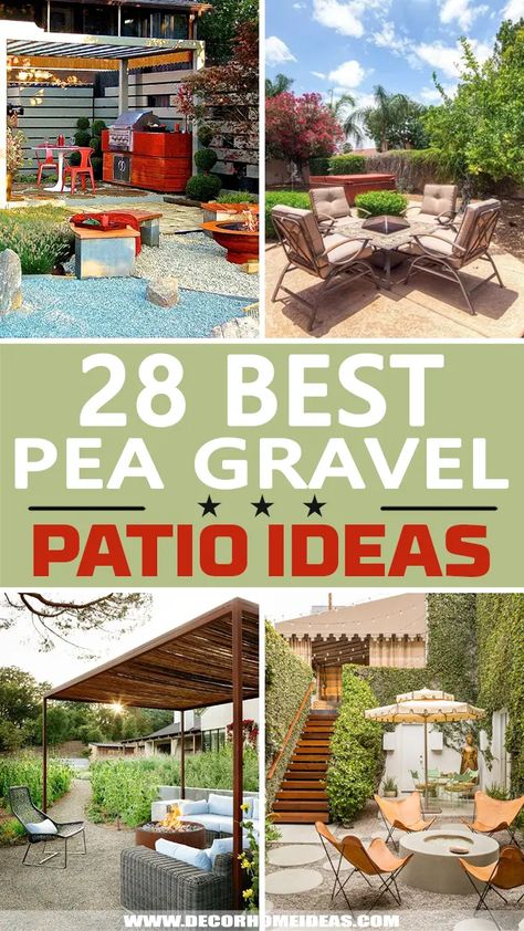 Fine Gravel Patio, Pea Gravel Over Concrete Patio, Gravel Patio With Pergola, Landscape With Gravel Backyard Ideas, Backyard Landscaping With Pea Gravel, Outside Patios Covered, Deck And Pea Gravel Patio Combo, Gravel And Slate Patio, Gravel Deck Ideas