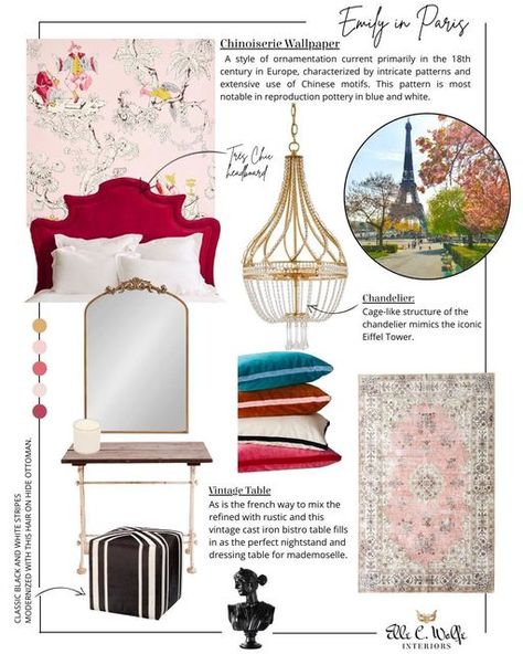 Elle C. Wolfe Interiors on Instagram: "New blog post up! Anyone else obsessed with the Netflix series Emily in Paris? It’s light-hearted and fun to watch the predicaments she finds herself in. The character Emily Cooper inspired me to create a new series called #styledstories and this design is for the #emilyinparisbedroom. Please check out the post on the blog and get access to the complete paint color guide and resource links. Do you watch the show? #bedroomdesign #femininebedroom #gue Fun Color Schemes, Glamorous Bedrooms, Paint Color Guide, Designing A Bedroom, Emily Cooper, Pink Headboard, Mirrors For Makeup, Paris Bedroom, Chinoiserie Pattern