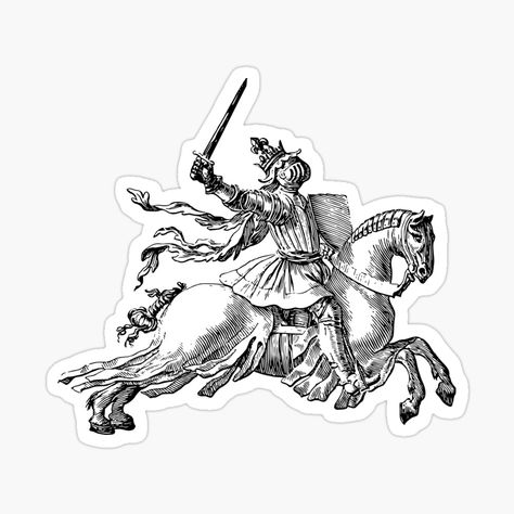 Get my art printed on awesome products. Support me at Redbubble #RBandME: https://www.redbubble.com/i/sticker/Knight-riding-horse-vintage-illustration-by-Pensarte/158587986.JCQM3?asc=u Knight Riding Horse, Horse Stickers, Horse Vintage, Medieval Aesthetic, Vintage Stickers, Riding Horse, Fairytale Illustration, Aesthetic Stickers, Horse Riding