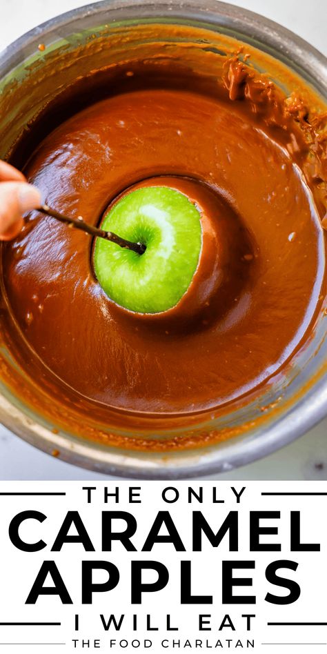 The Only Caramel Apple I Will Eat from The Food Charlatan. I am a Caramel Apple snob! But all that changed recently when I discovered the secret to the BEST homemade caramel sauce. These caramel apples are easy to dip, a dream to bite through, with the most FUDGY caramel texture. It holds it's shape perfectly on the apple, and does not slide off. It is such a fun project for the fall! I will show you how to make this recipe for Halloween, Thanksgiving, or for gifting to neighbors! Caramel Sauce With Corn Syrup, Caramel Apple Recipes Homemade, Caramel Apple Craft, Apple Caramel Dip, Thick Caramel Sauce, Caramel Apple Recipes, Caramel Apple Sauce, Caramel Apple Recipe, Caramel Apple Dip Recipe