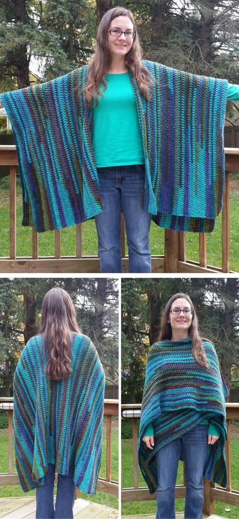 Boho Cozy Wrap/Ruana Free Crochet Pattern  Ruana is like a big blanket you can wrap yourself with, except you can go out in it! This one is simple enough for using leftover yarn ends - just use what you have and see the pattern emerge!  #crochetshawl #crochetwrap Ruana Knitting Pattern Free, Crochet Blanket Poncho Pattern Free, Crochet Ruana Pattern Free Lion Brand, Granny Square Ruana, Knit Ruana Pattern Free, Crochet Sweater Blanket, Crochet Blanket Wrap Pattern Free, Ruana Pattern Crochet Free, Crocheted Ruana Patterns Free