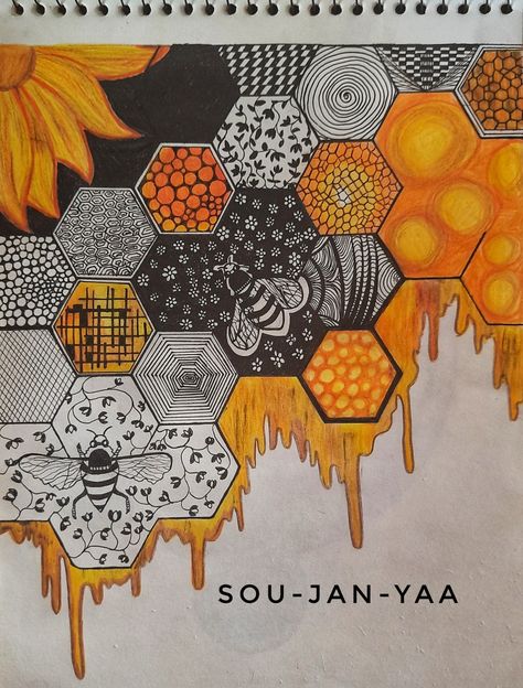 Honey comb 🍯🐝 Honey Combs Drawing, Honey Comb Drawing, Color Theory Projects, Honey Bee Theme, Bee Theme, Chalk Art, Color Wheel, Art Inspiration Drawing, Sweet Snacks