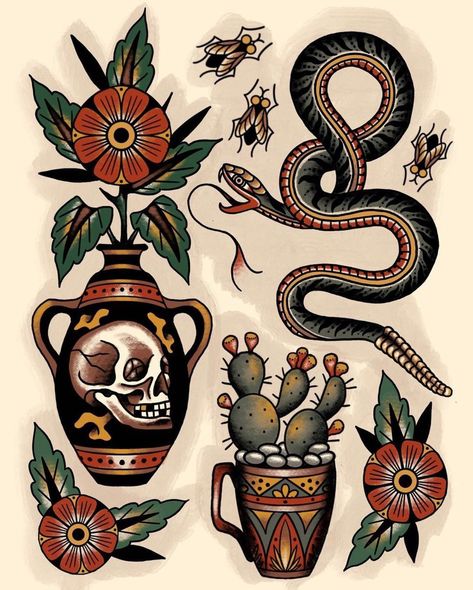 Traditional Old School Tattoos’s Instagram photo: “What’s your favorite from 1 to 4?🔥🔥🔥 Who: @lightbourntattoos Where:📍Edmonton, Canada 🇨🇦 ... ... ... ... #traditionalartist…” Traditional Tattoo Vase, Old School Style Tattoo, Traditional Tattoo Painting, Traditional Tattoo Prints, Traditional Snake Tattoo, Traditional Tattoo Drawings, Old School Tattoos, Americana Tattoo, Tattoo Style Art