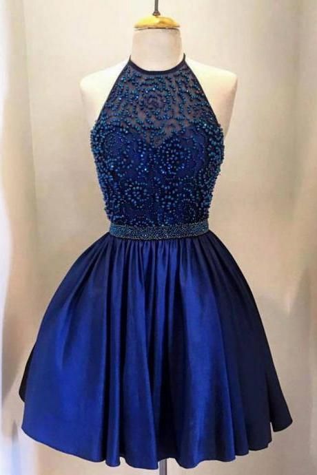 Halter Homecoming Dresses, High Neck Homecoming Dresses, Halter Homecoming Dress, Blue Homecoming Dresses, Dress Backless, Short Homecoming Dress, Beaded Bodice, Short Prom Dress, Short Prom