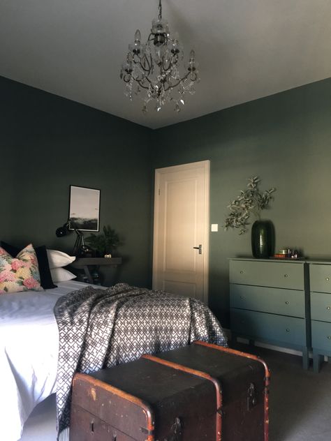 Farrow & Ball Green Smoke bedroom Dark Grey Carpet Bedroom, Farrow Ball Green, Farrow And Ball Bedroom, Olive Green Bedrooms, Dark Decor, Bedroom Wall Colors, Master Room, Green Bedroom, Farrow And Ball