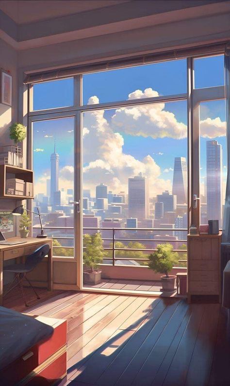 Lofi City, Sunny Bedroom, Studying Music, Lofi Art, Skyline Illustration, Bedroom View, Bedroom With Balcony, Window Drawing, Anime City