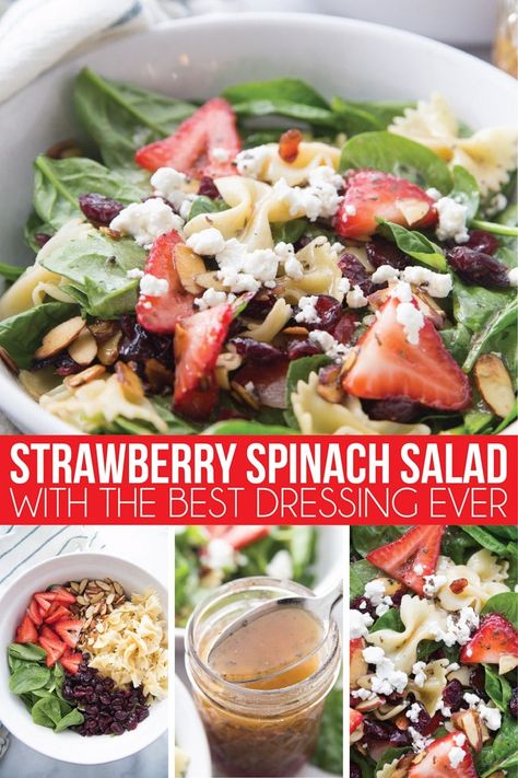 The best ever strawberry spinach salad recipe with an amazing vinaigrette! It’s easy to make, can be made with chicken for a full meal, and is seriously so good! This strawberry spinach pasta salad with almonds that’s a total winner! Spinach Pasta Salad, Salad With Almonds, Spinach Salad Dressing, Strawberry Salad Recipe, Pasta Salad With Spinach, Strawberry Spinach Salad, Spinach Salad Recipes, Strawberry Spinach, Spinach Strawberry Salad